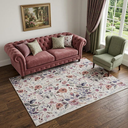 5' X 7' Ivory Pink and Green Floral Power Loom Washable Non Skid Area Rug