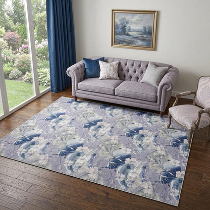5' X 7' Ivory Blue and Gray Floral Power Loom Washable Non Skid Area Rug