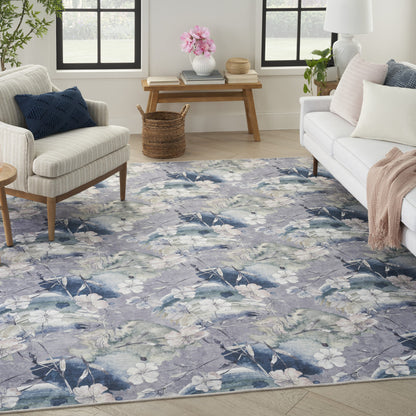 5' X 7' Ivory Blue and Gray Floral Power Loom Washable Non Skid Area Rug