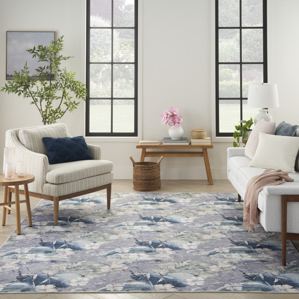 5' X 7' Ivory Blue and Gray Floral Power Loom Washable Non Skid Area Rug