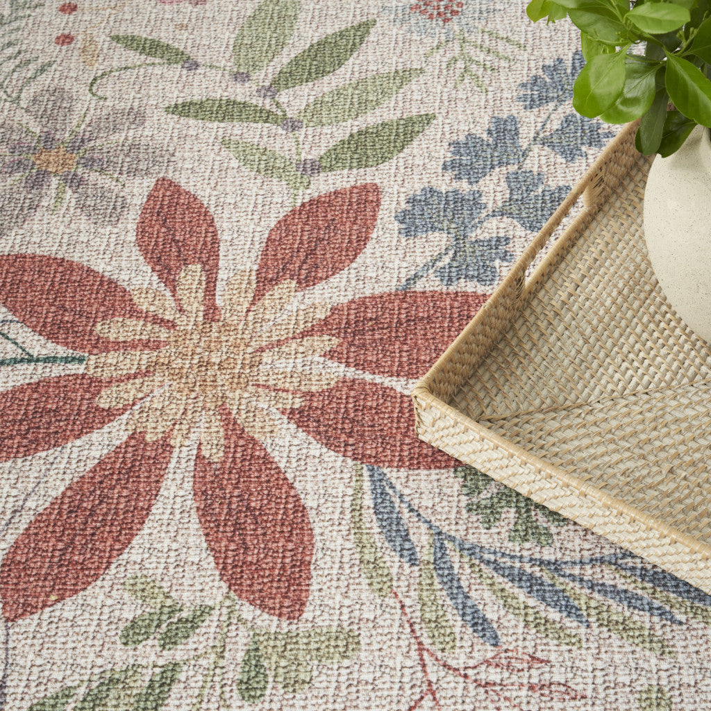 5' X 7' Ivory Green and Red Floral Power Loom Washable Non Skid Area Rug