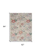 5' X 7' Ivory Green and Red Floral Power Loom Washable Non Skid Area Rug