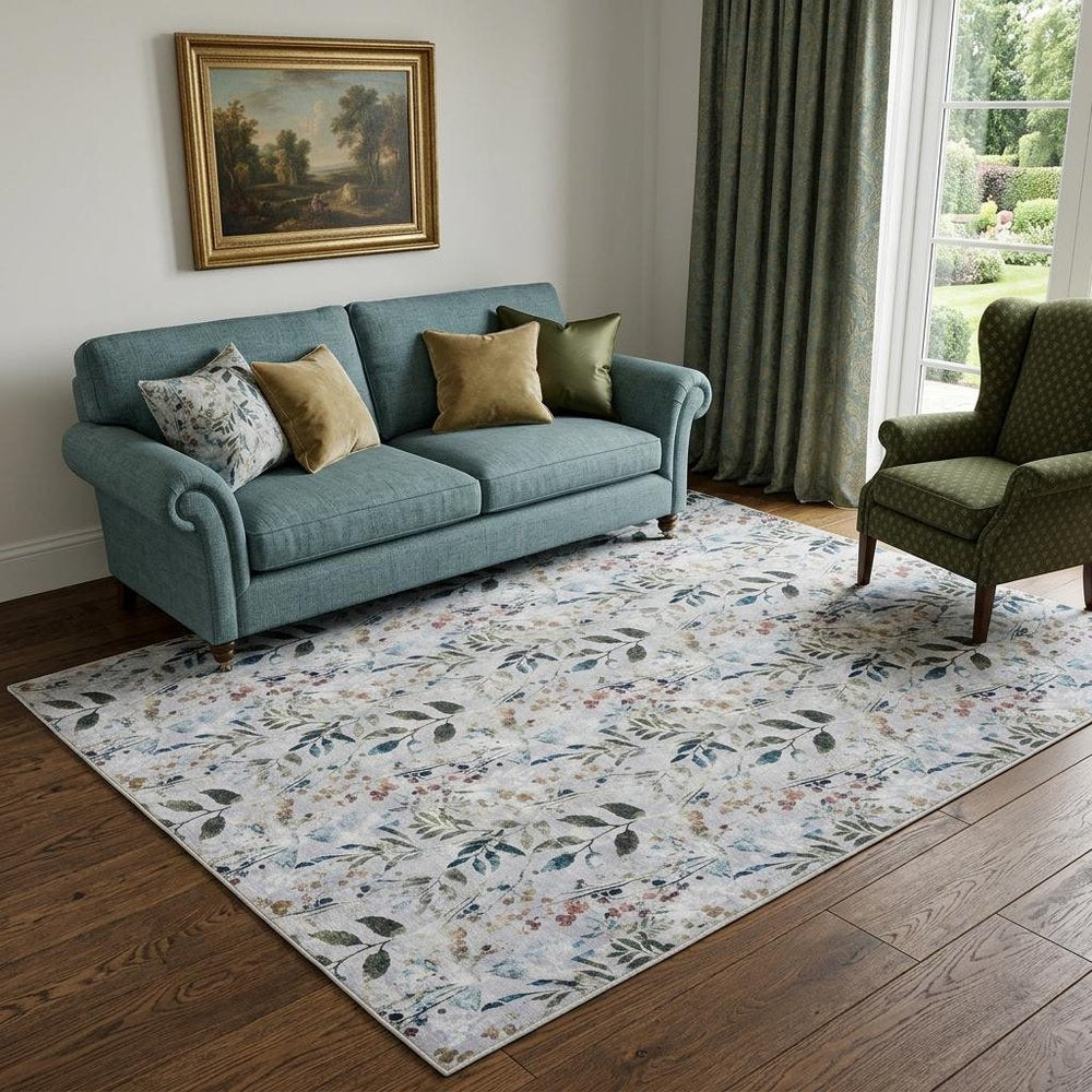5' X 7' Ivory Blue and Gray Floral Power Loom Washable Non Skid Area Rug