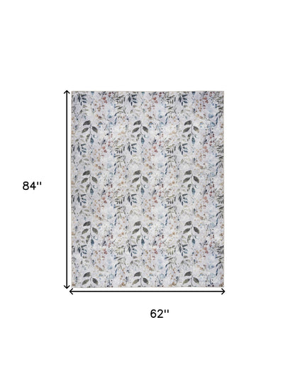 5' X 7' Ivory Blue and Gray Floral Power Loom Washable Non Skid Area Rug