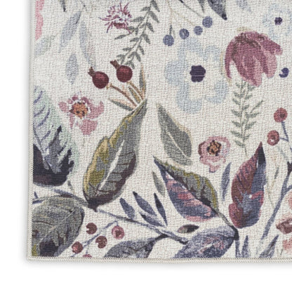6' X 9' Ivory Pink and Green Floral Power Loom Washable Non Skid Area Rug