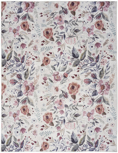 6' X 9' Ivory Pink and Green Floral Power Loom Washable Non Skid Area Rug