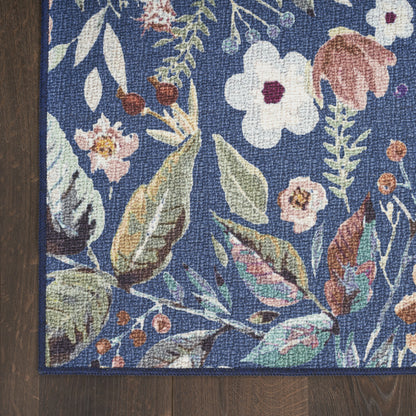 6' X 9' Blue and Green Floral Power Loom Washable Non Skid Area Rug