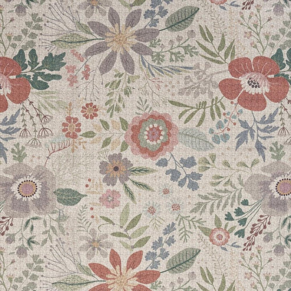 6' X 9' Ivory Green and Red Floral Power Loom Washable Non Skid Area Rug