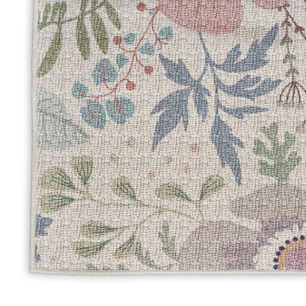 6' X 9' Ivory Green and Red Floral Power Loom Washable Non Skid Area Rug