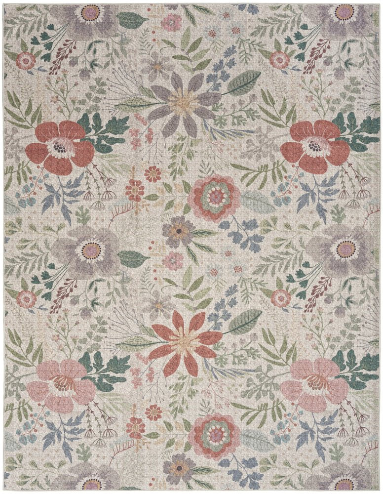 6' X 9' Ivory Green and Red Floral Power Loom Washable Non Skid Area Rug