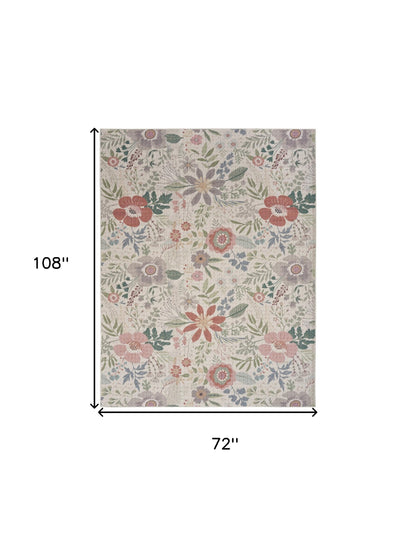 6' X 9' Ivory Green and Red Floral Power Loom Washable Non Skid Area Rug