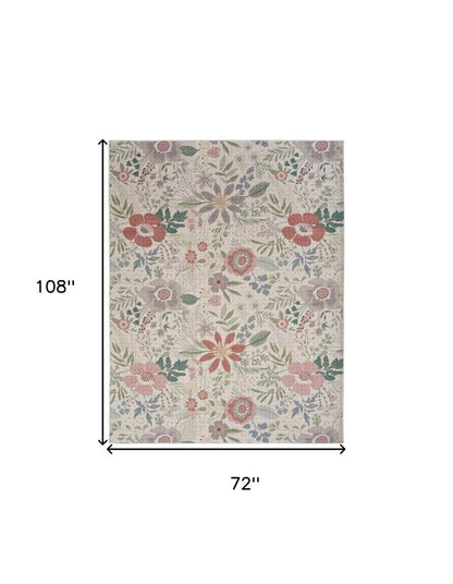 6' X 9' Ivory Green and Red Floral Power Loom Washable Non Skid Area Rug