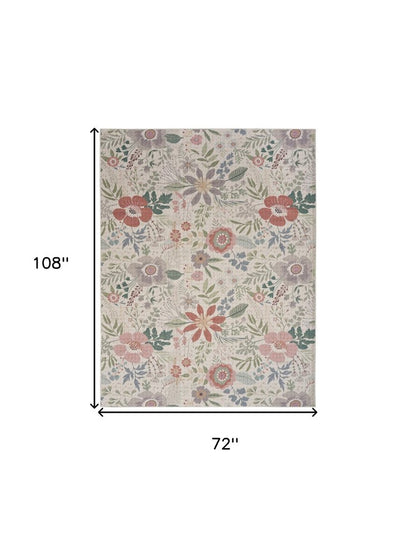 6' X 9' Ivory Green and Red Floral Power Loom Washable Non Skid Area Rug