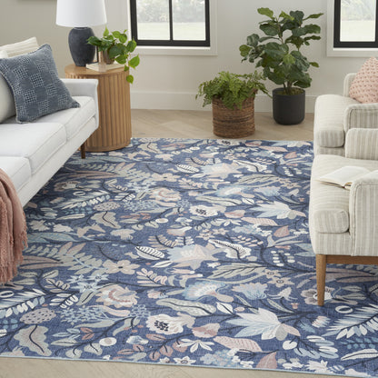 6' X 9' Blue and Off White Floral Power Loom Washable Non Skid Area Rug