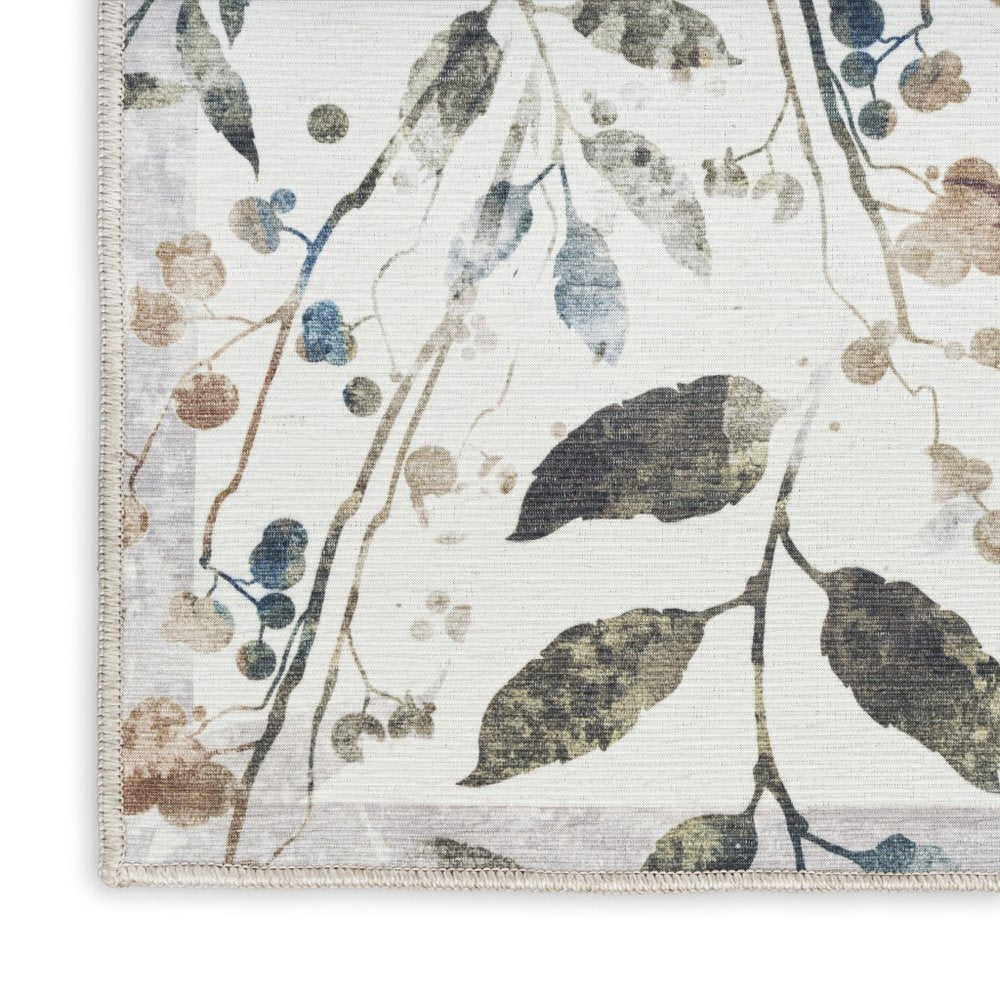 6' X 9' Ivory Green and Red Floral Power Loom Washable Non Skid Area Rug