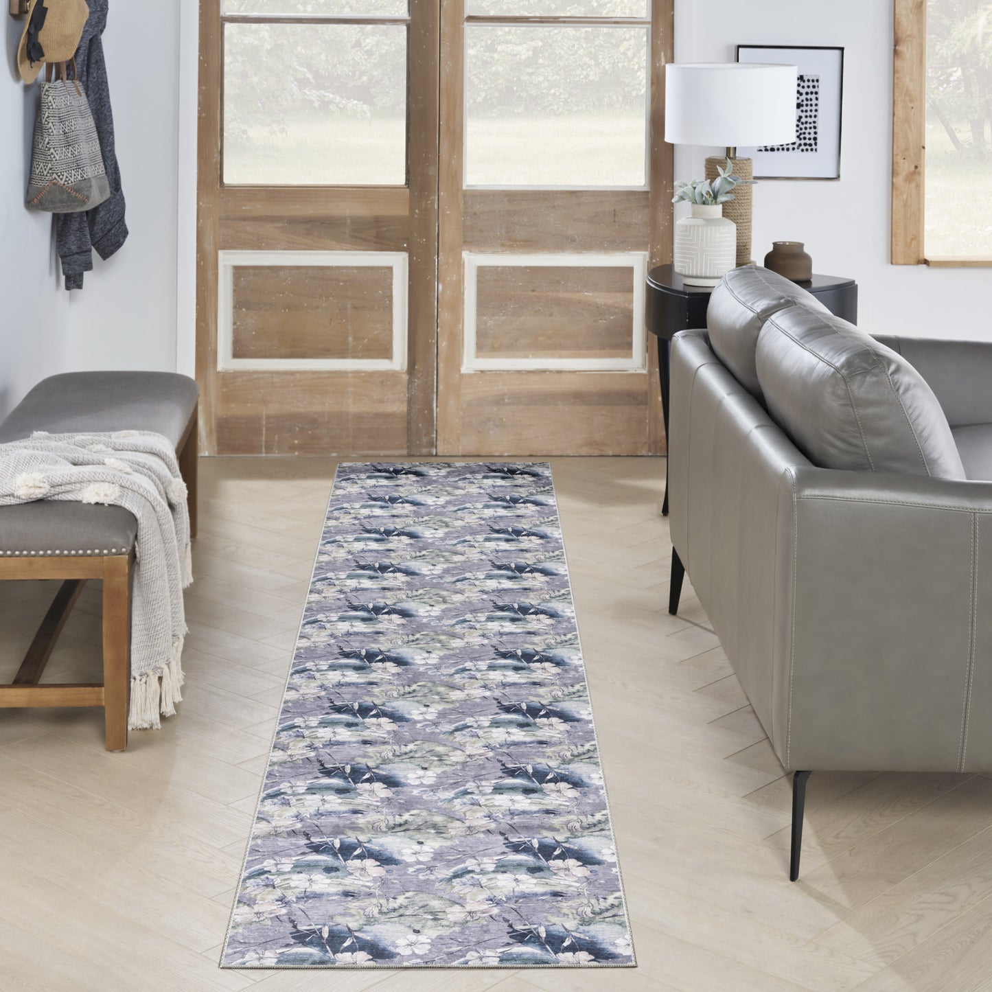 8' Ivory Blue and Gray Floral Power Loom Washable Non Skid Runner Rug