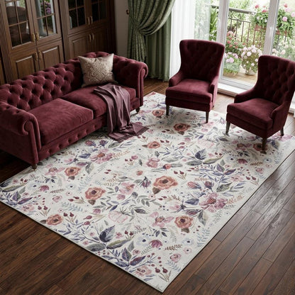 8' X 10' Ivory Pink and Green Floral Power Loom Washable Non Skid Area Rug