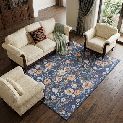 8' X 10' Blue and Green Floral Power Loom Washable Non Skid Area Rug