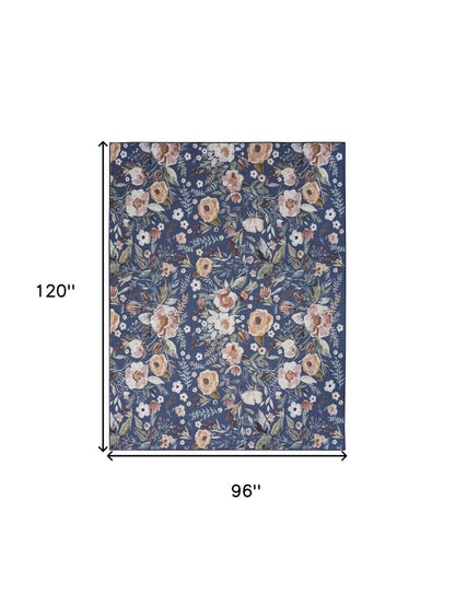 8' X 10' Blue and Green Floral Power Loom Washable Non Skid Area Rug
