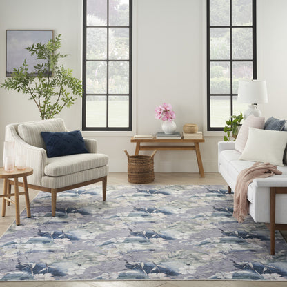 8' X 10' Ivory Blue and Gray Floral Power Loom Washable Non Skid Area Rug