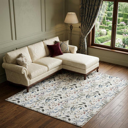 8' X 10' Ivory Green and Red Floral Power Loom Washable Non Skid Area Rug
