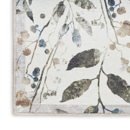 8' X 10' Ivory Green and Red Floral Power Loom Washable Non Skid Area Rug