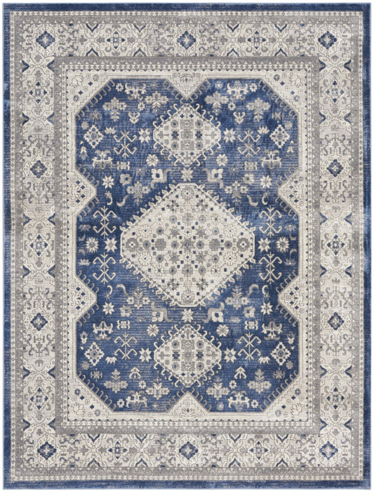 9' X 12' Ivory Blue and Gray Oriental Power Loom Area Rug