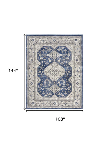 9' X 12' Ivory Blue and Gray Oriental Power Loom Area Rug