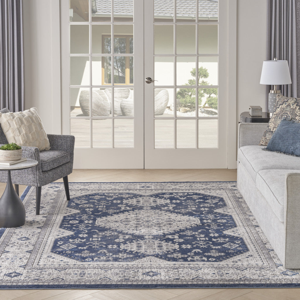 9' X 12' Ivory Blue and Gray Oriental Power Loom Area Rug