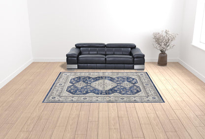 9' X 12' Ivory Blue and Gray Oriental Power Loom Area Rug