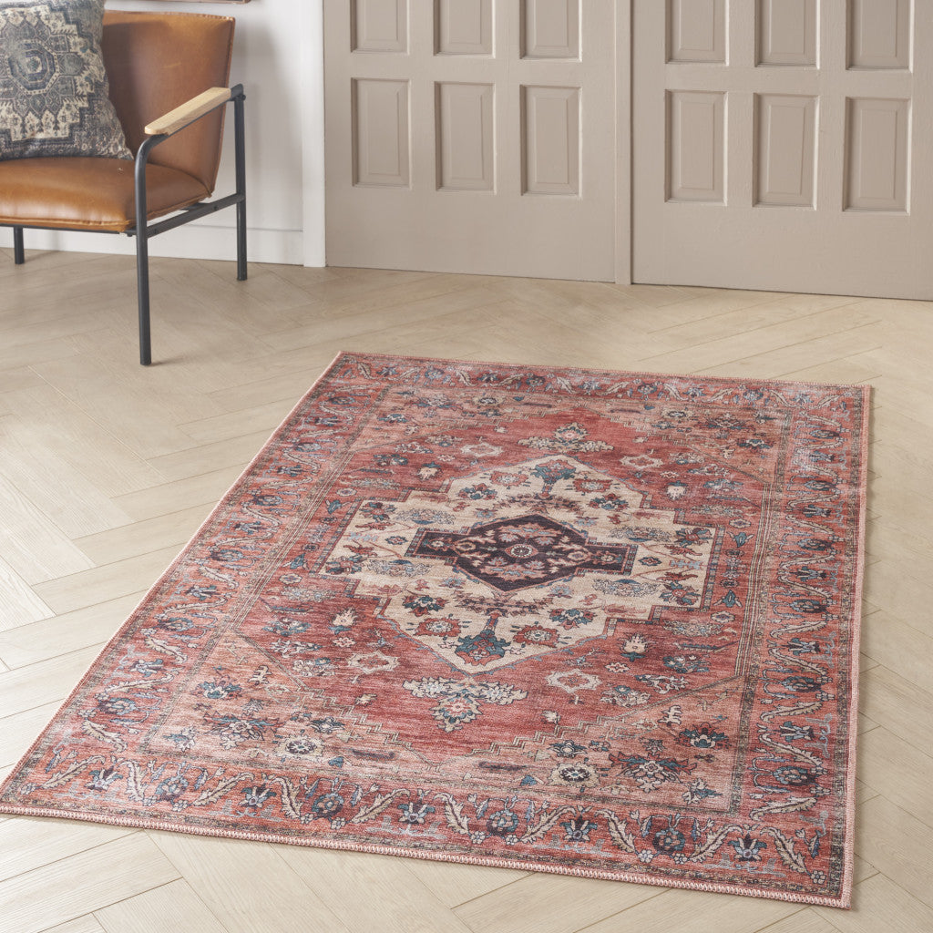 4' X 6' Blue and Red Oriental Power Loom Distressed Washable Non Skid Area Rug