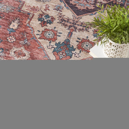 4' X 6' Blue and Red Oriental Power Loom Distressed Washable Non Skid Area Rug
