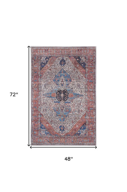 4' X 6' Red and Ivory Oriental Power Loom Distressed Washable Non Skid Area Rug