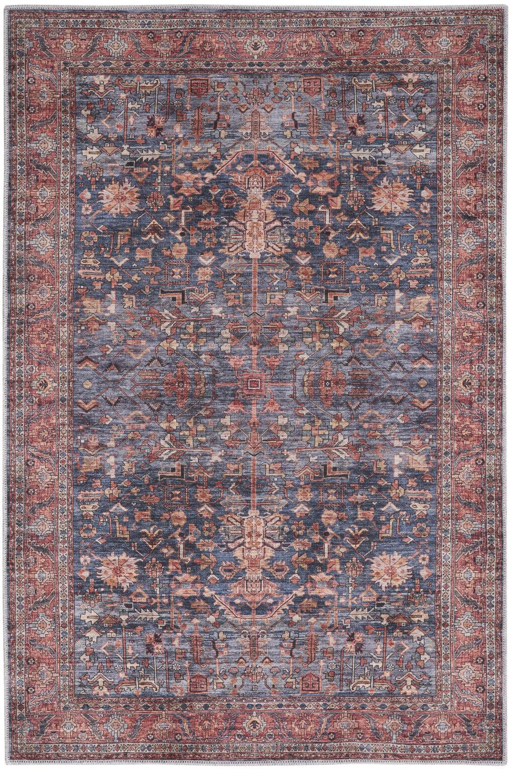 4' X 6' Blue and Red Oriental Power Loom Distressed Washable Non Skid Area Rug