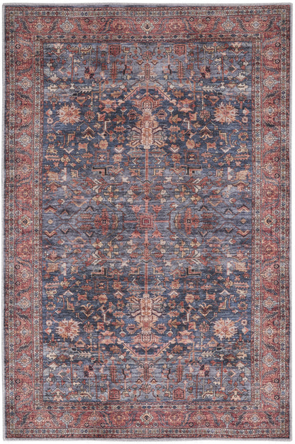 4' X 6' Blue and Red Oriental Power Loom Distressed Washable Non Skid Area Rug