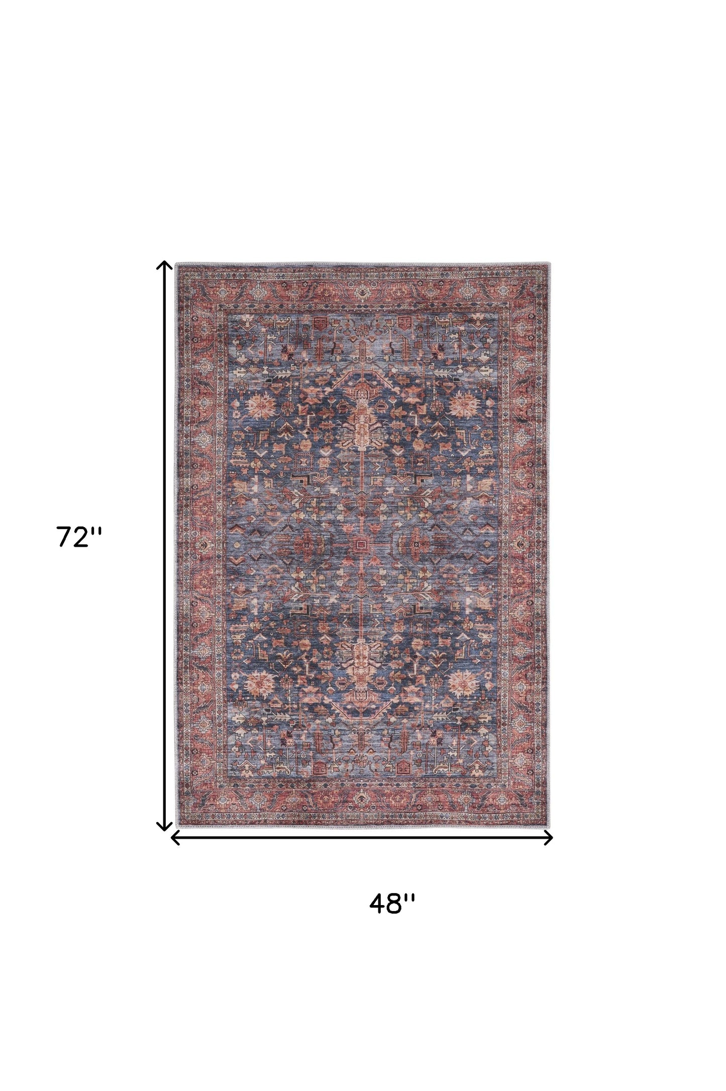 4' X 6' Blue and Red Oriental Power Loom Distressed Washable Non Skid Area Rug