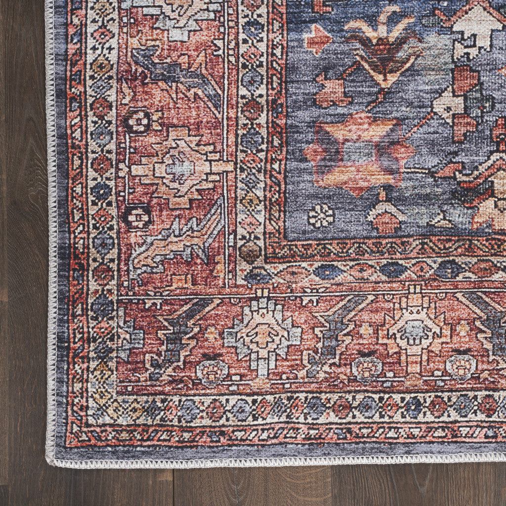 4' X 6' Blue and Red Oriental Power Loom Distressed Washable Non Skid Area Rug