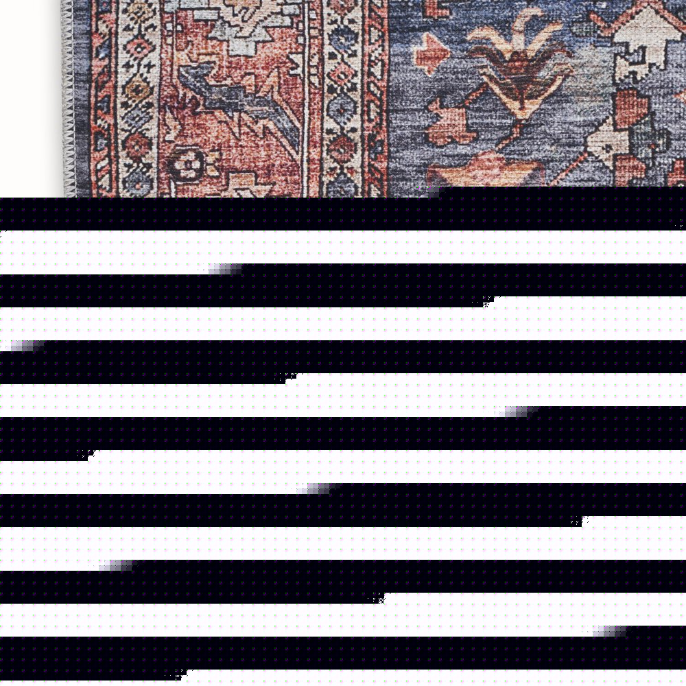 4' X 6' Blue and Red Oriental Power Loom Distressed Washable Non Skid Area Rug