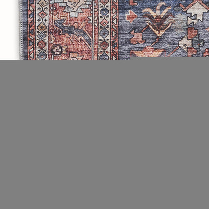 4' X 6' Blue and Red Oriental Power Loom Distressed Washable Non Skid Area Rug