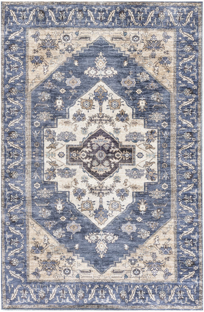 4' X 6' Blue and Beige Oriental Power Loom Distressed Washable Non Skid Area Rug