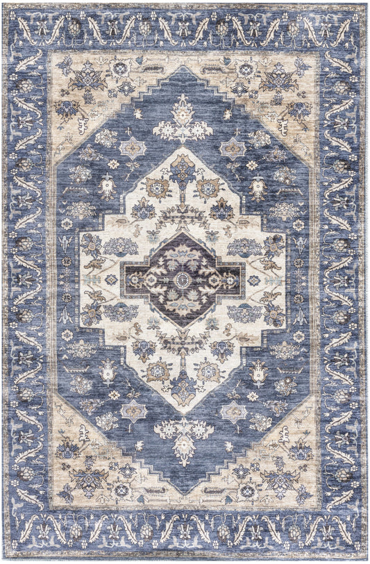 4' X 6' Blue and Beige Oriental Power Loom Distressed Washable Non Skid Area Rug