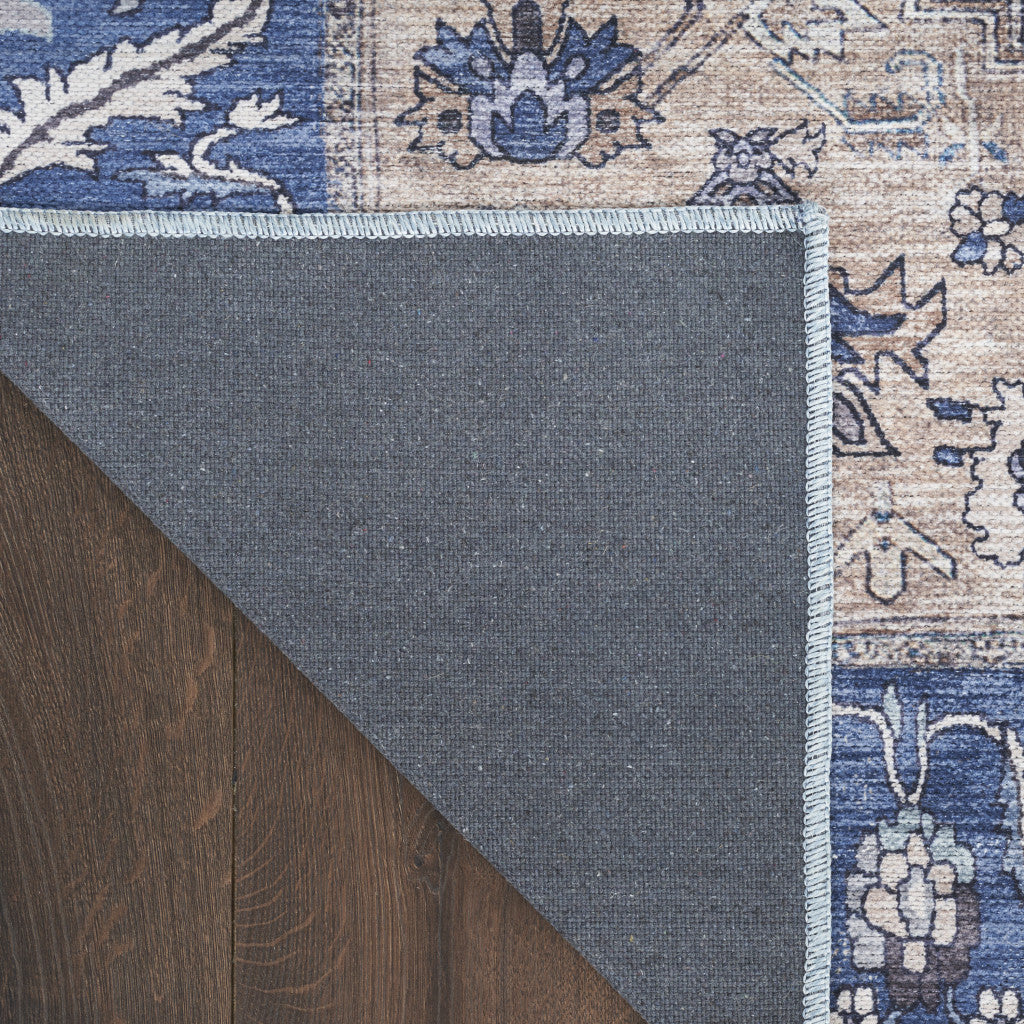 4' X 6' Blue and Beige Oriental Power Loom Distressed Washable Non Skid Area Rug