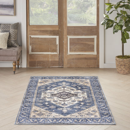 4' X 6' Blue and Beige Oriental Power Loom Distressed Washable Non Skid Area Rug