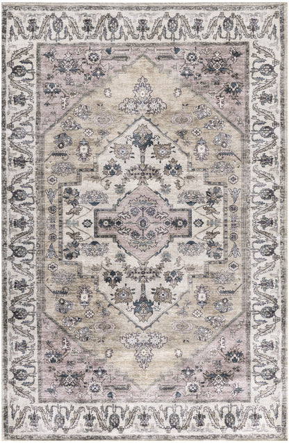 4' X 6' Beige and Gray Oriental Power Loom Distressed Washable Non Skid Area Rug