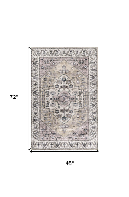 4' X 6' Beige and Gray Oriental Power Loom Distressed Washable Non Skid Area Rug