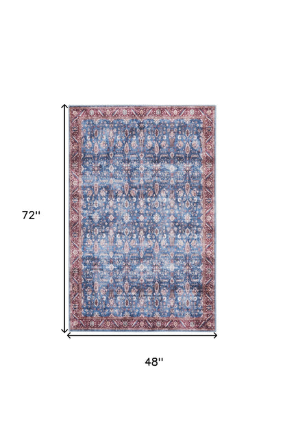 4' X 6' Blue and Red Oriental Power Loom Distressed Washable Non Skid Area Rug