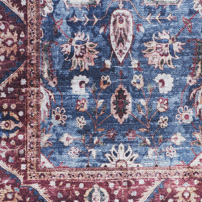 4' X 6' Blue and Red Oriental Power Loom Distressed Washable Non Skid Area Rug