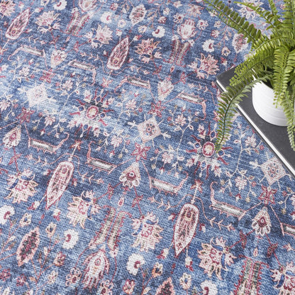 4' X 6' Blue and Red Oriental Power Loom Distressed Washable Non Skid Area Rug