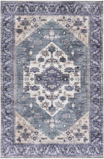 4' X 6' Blue and Beige Oriental Power Loom Distressed Washable Non Skid Area Rug