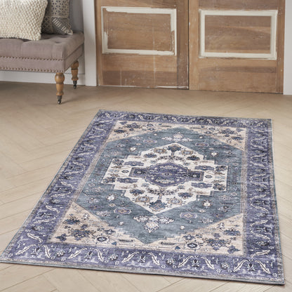 4' X 6' Blue and Beige Oriental Power Loom Distressed Washable Non Skid Area Rug